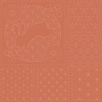 SASHIKO STITCHERY PANEL DV4052  BURNT CLAY KOI AND HARE