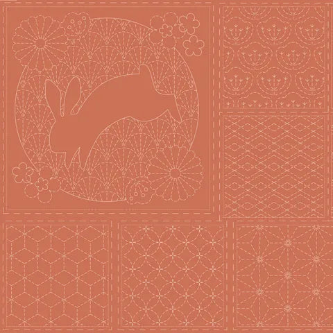 SASHIKO STITCHERY PANEL DV4052  BURNT CLAY KOI AND HARE